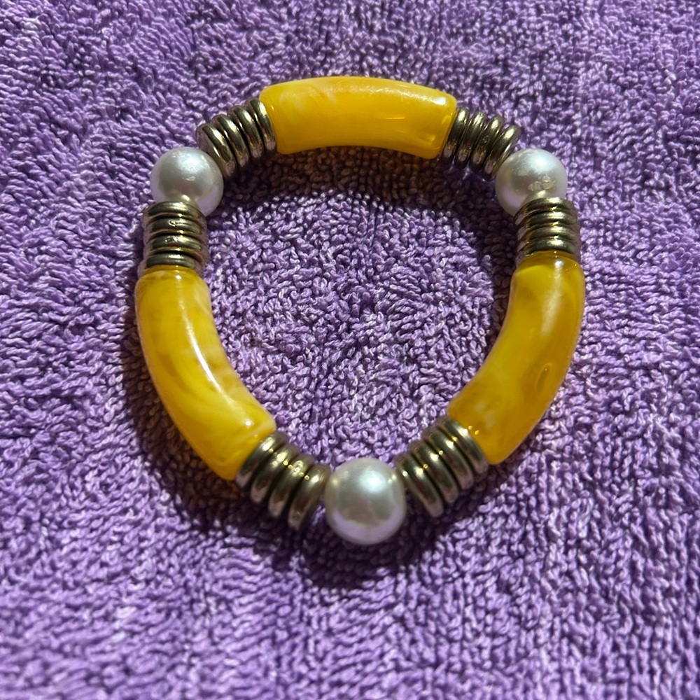 Yellow Statement Stretch Bracelet with Faux Pearls